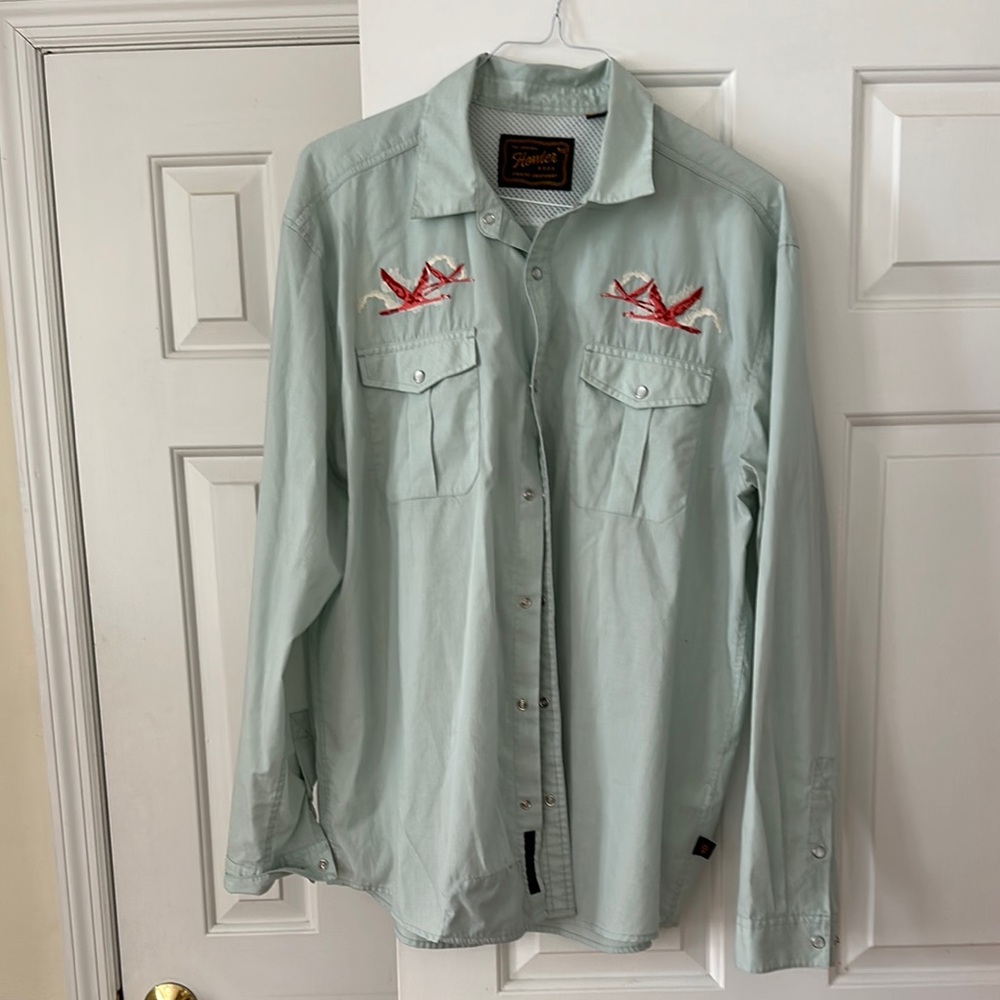 Mint Green striped Embroidered Shirt with Red Accents